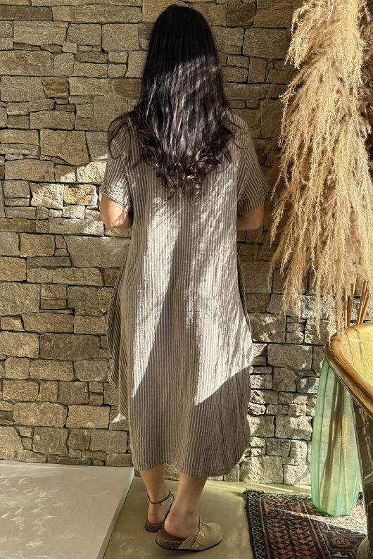 Salcombe Chalk Stripe Cotton Cocoon Dress Mocha